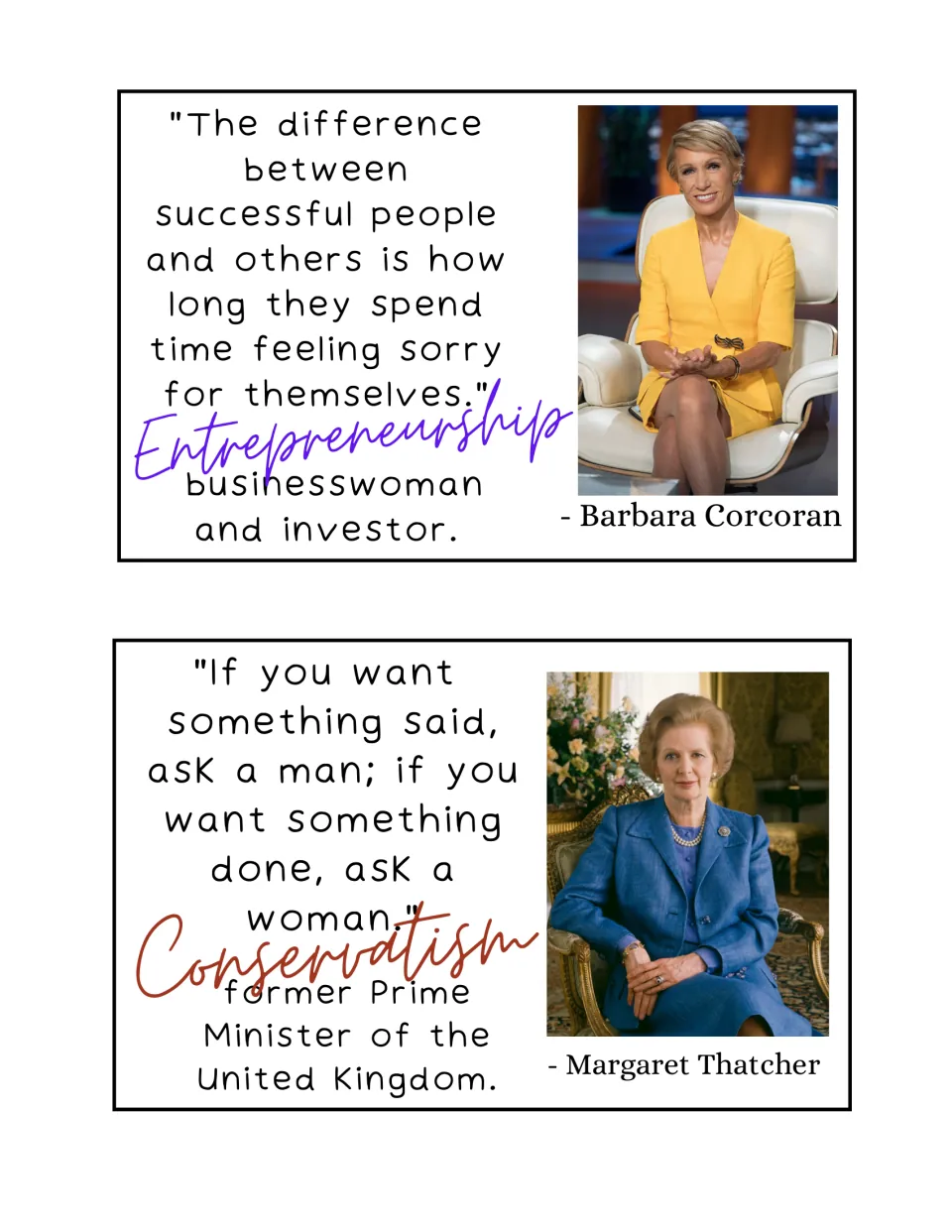 Quote cards for businesswoman Barbara Corcoran (Entrepreneurship) and Margaret Thatcher, UK Prime Minister (Conservatism)