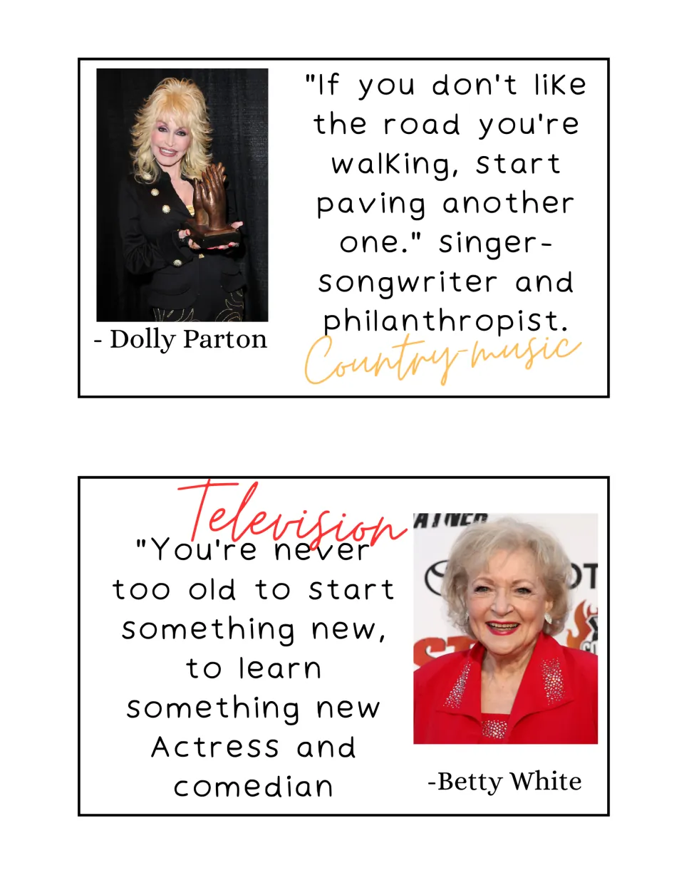 Quote cards for Dolly Parton on paving a new road (Country-music) and Betty White on never being too old (Television)