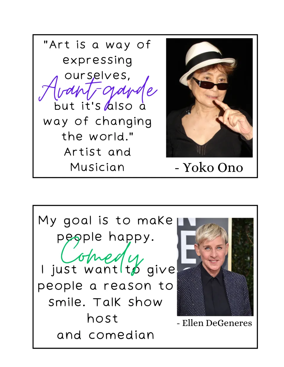 Quote cards for Yoko Ono on art changing the world (Avant-garde) and Ellen DeGeneres on making people smile (Comedy)