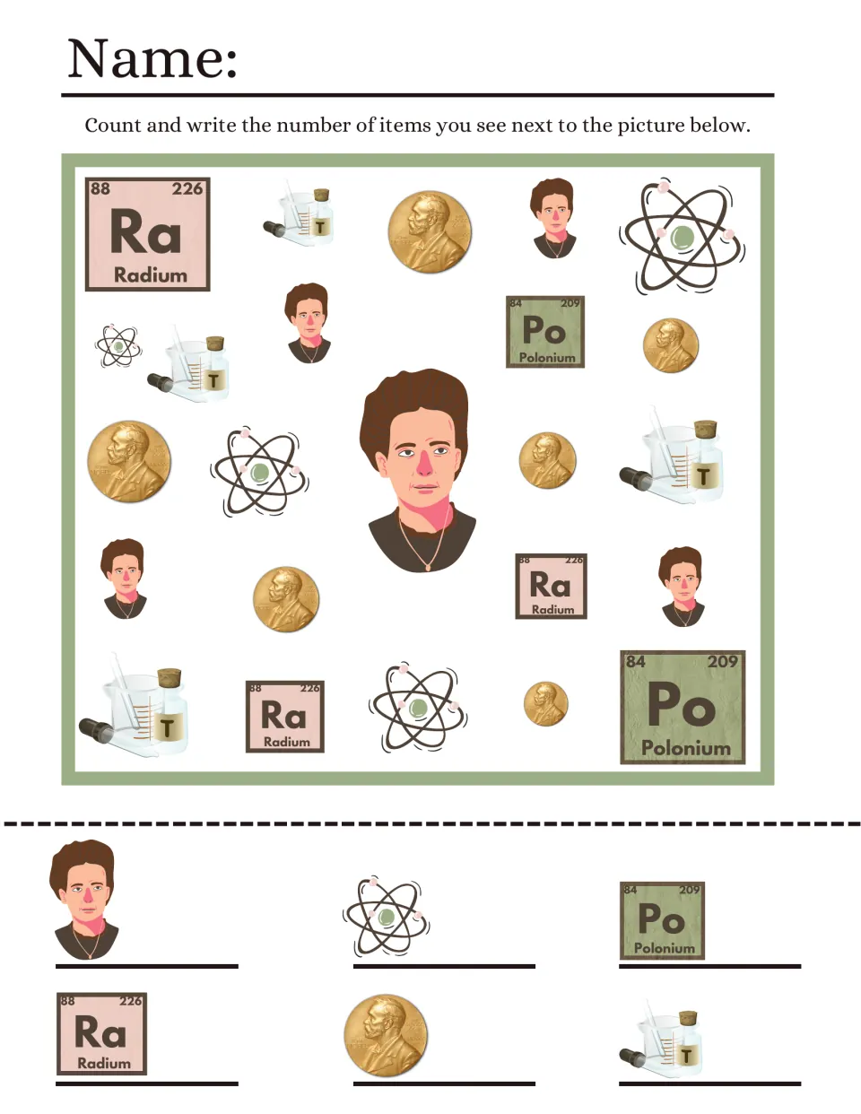 Woman scientist iSpy: students count radium and polonium tiles, gold medals, atoms, lab glass and portraits