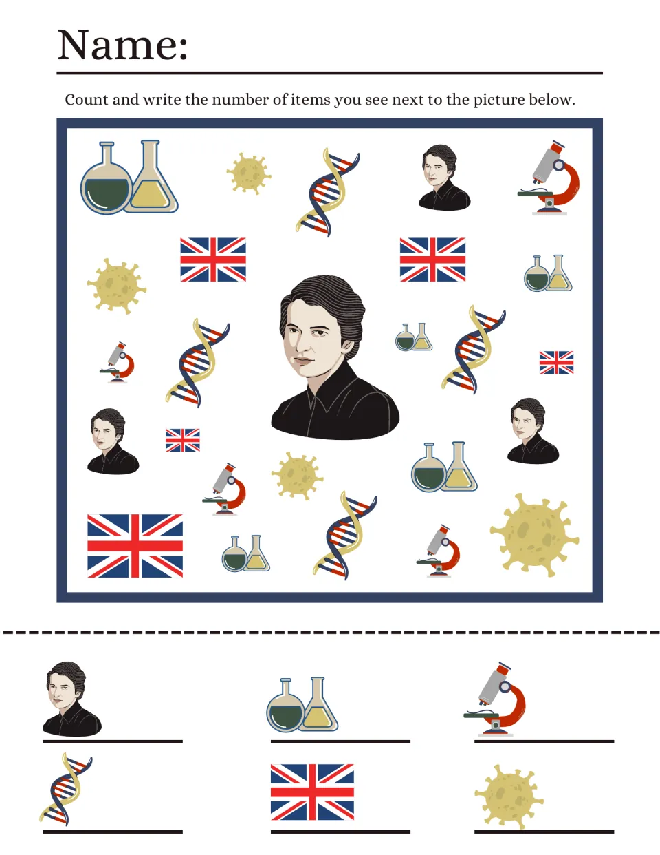 DNA scientist iSpy: students count DNA helixes, flasks, microscopes, viruses, UK flags and portraits, then write totals
