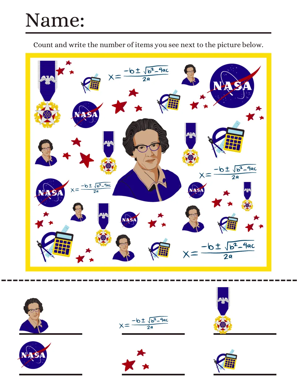 NASA mathematician iSpy: students count NASA logos, quadratic formulas, medals, stars, calculators and portraits