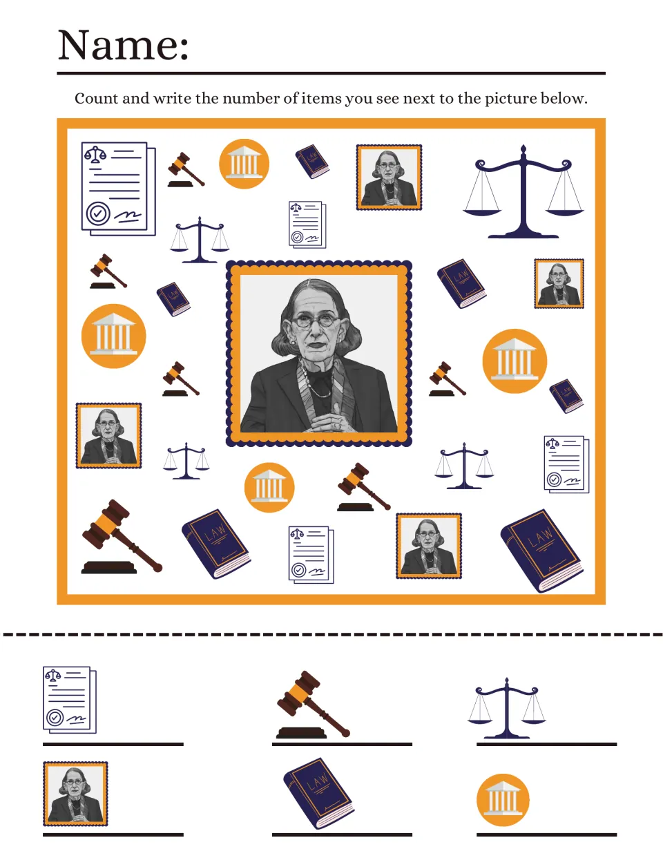 Courtroom iSpy: students count gavels, scales of justice, LAW books, courthouse icons, legal papers and judge portraits