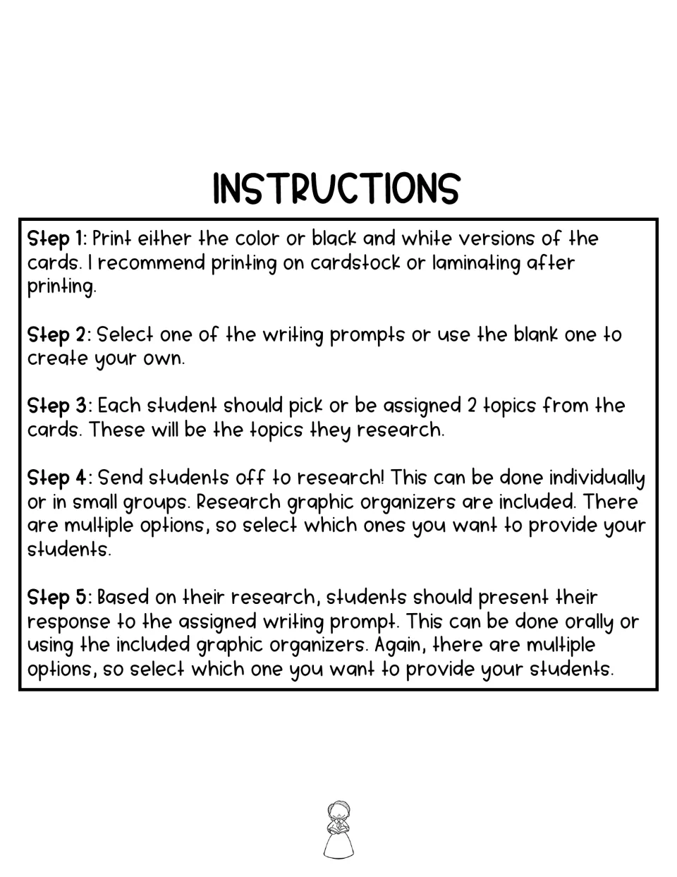 Instructions for printing cards, selecting a prompt, researching two topics, and presenting an opinion response
