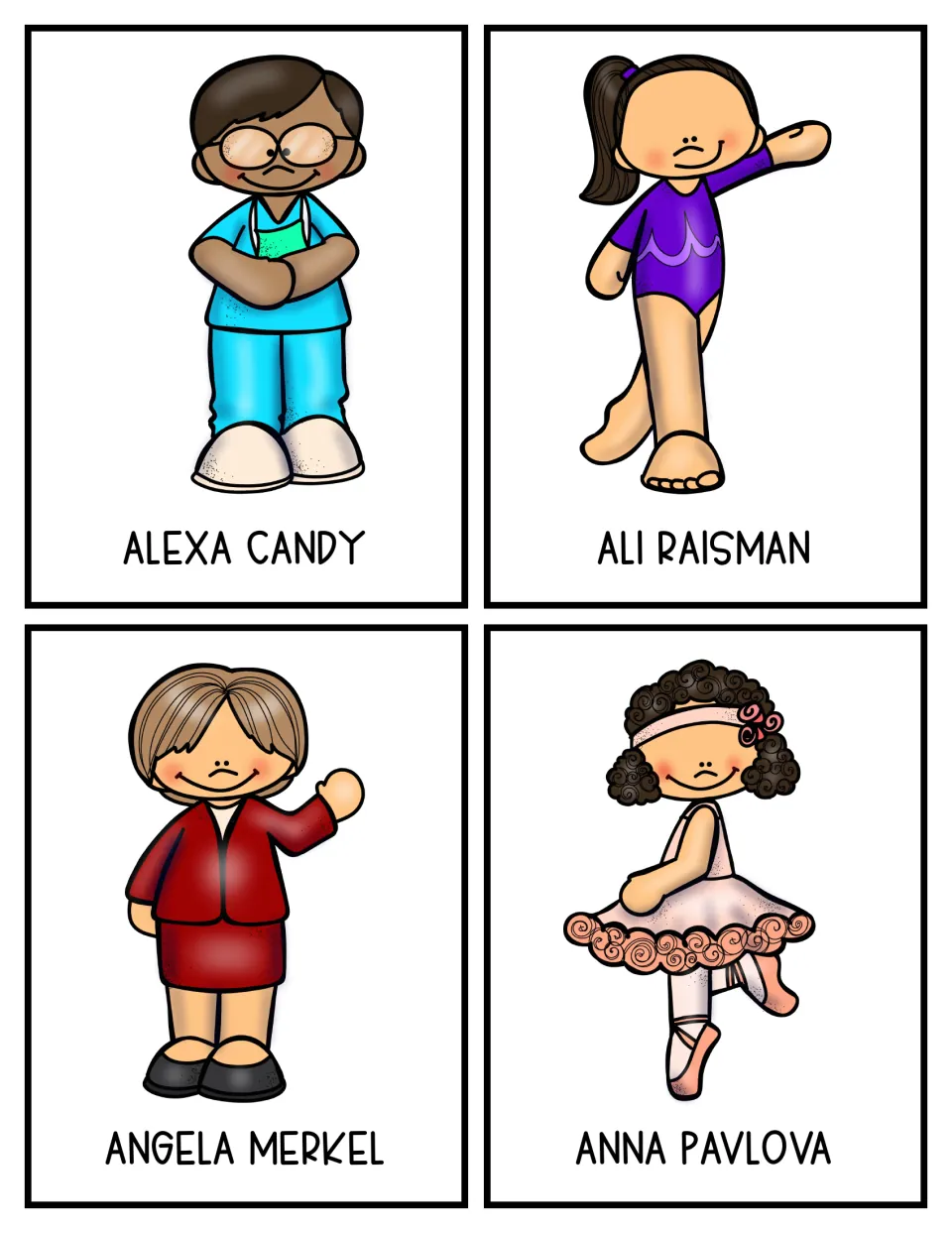 Historic women research cards 1–4, labeled Alexa Candy, Ali Raisman, Angela Merkel, and Anna Pavlova