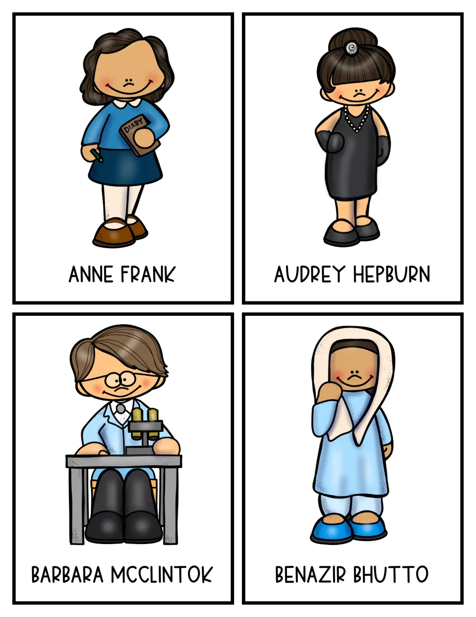 Historic women research cards 5–8: Anne Frank, Audrey Hepburn, Barbara McClintok, and Benazir Bhutto