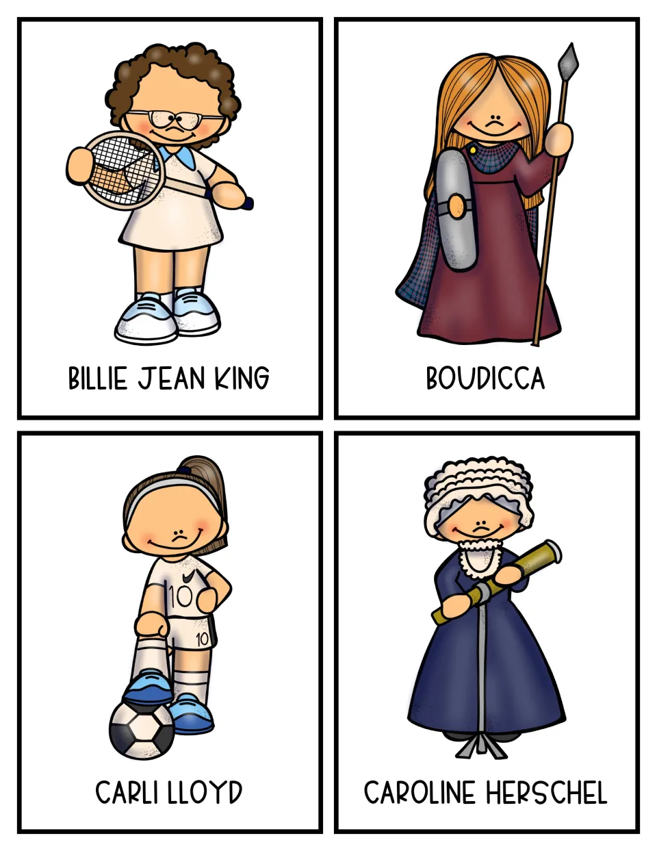 Historic women research cards 9–12: Billie Jean King, Boudicca, Carli Lloyd, and Caroline Herschel