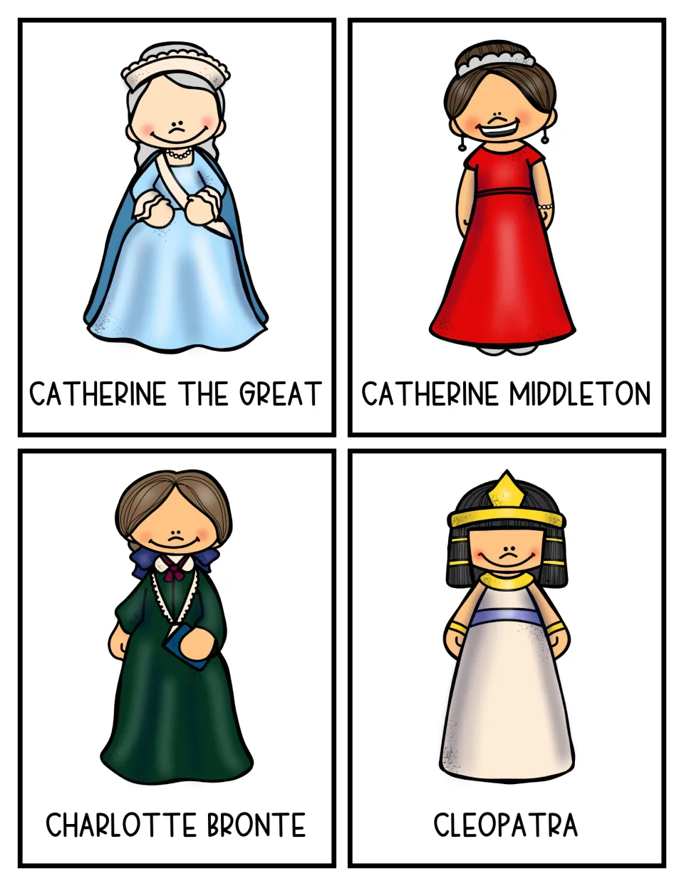 Research cards 13–16: Catherine the Great, Catherine Middleton, Charlotte Bronte, and Cleopatra
