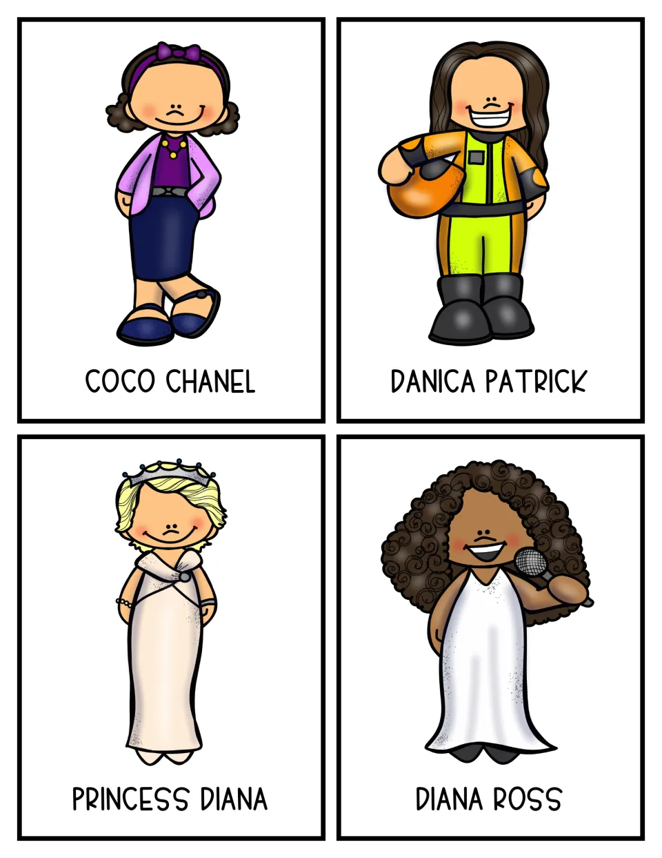 Historic women research cards 17–20: Coco Chanel, Danica Patrick, Princess Diana, and Diana Ross