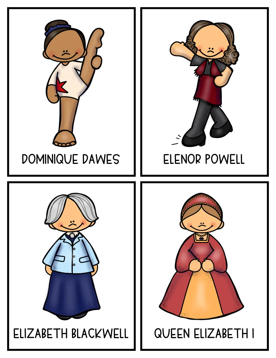 Research cards 21–24: Dominique Dawes, Elenor Powell, Elizabeth Blackwell, and Queen Elizabeth I