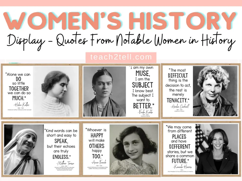 Women's history quote poster cover featuring samples for Helen Keller, Frida Kahlo, Amelia Earhart and three more