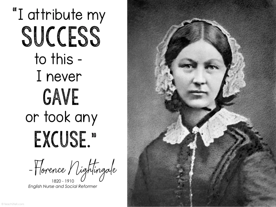 Florence Nightingale quote poster: 'I attribute my success to this - I never gave or took any excuse'