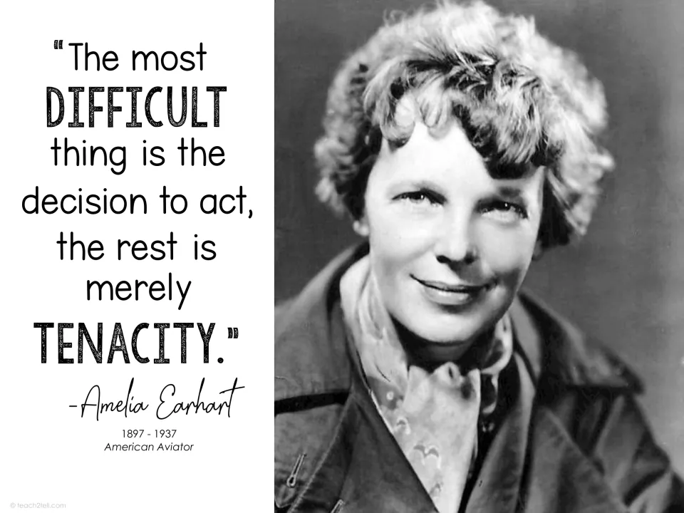 Amelia Earhart quote poster about deciding to act and tenacity, with her portrait and 1897–1937 dates