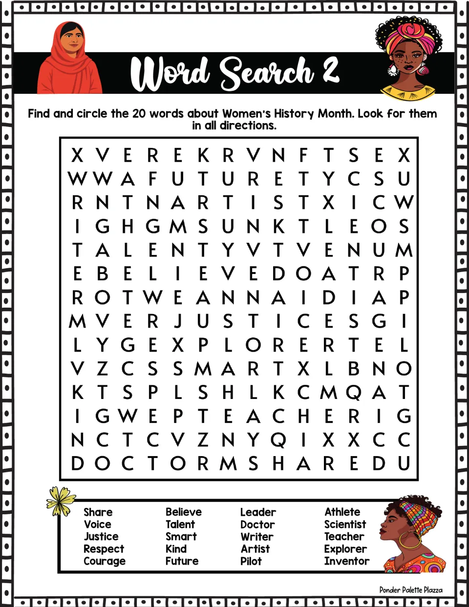 Word Search 2: students circle 20 words on women's roles and traits, such as Courage, Justice, Scientist and Pilot