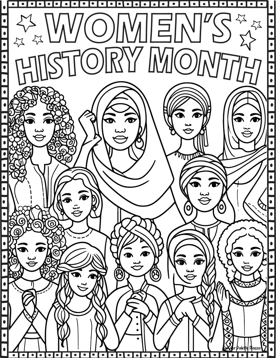 Women's History Month coloring page: outlined title letters above a group of diverse women and girls to color in