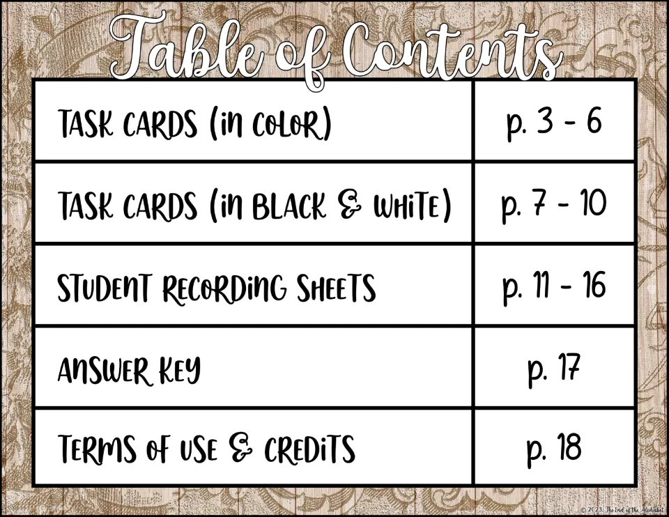 Table of contents lists color and black-and-white task cards, student recording sheets, and an answer key
