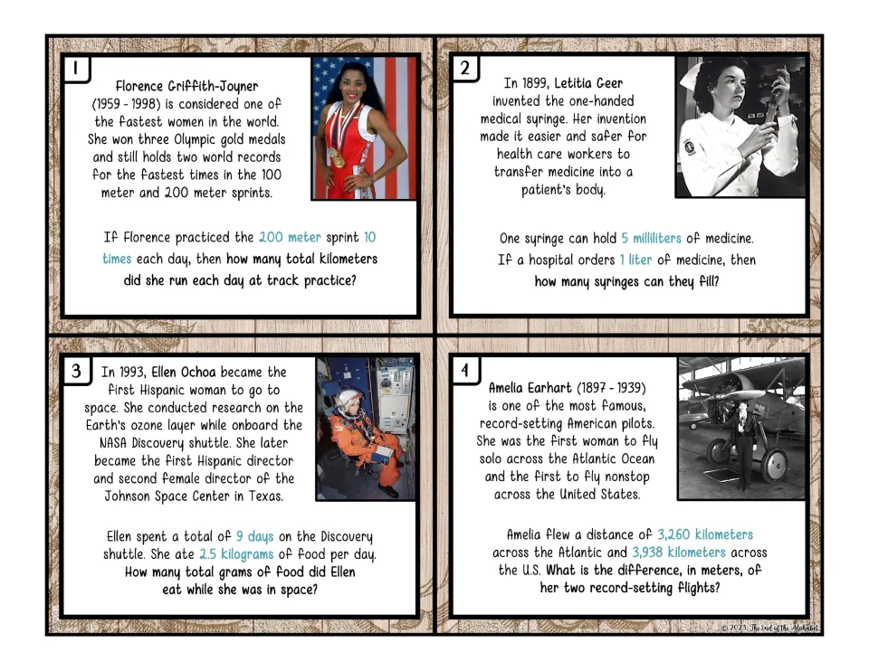 Color measurement cards 1–4: Florence Griffith-Joyner, Letitia Geer, Ellen Ochoa, and Amelia Earhart