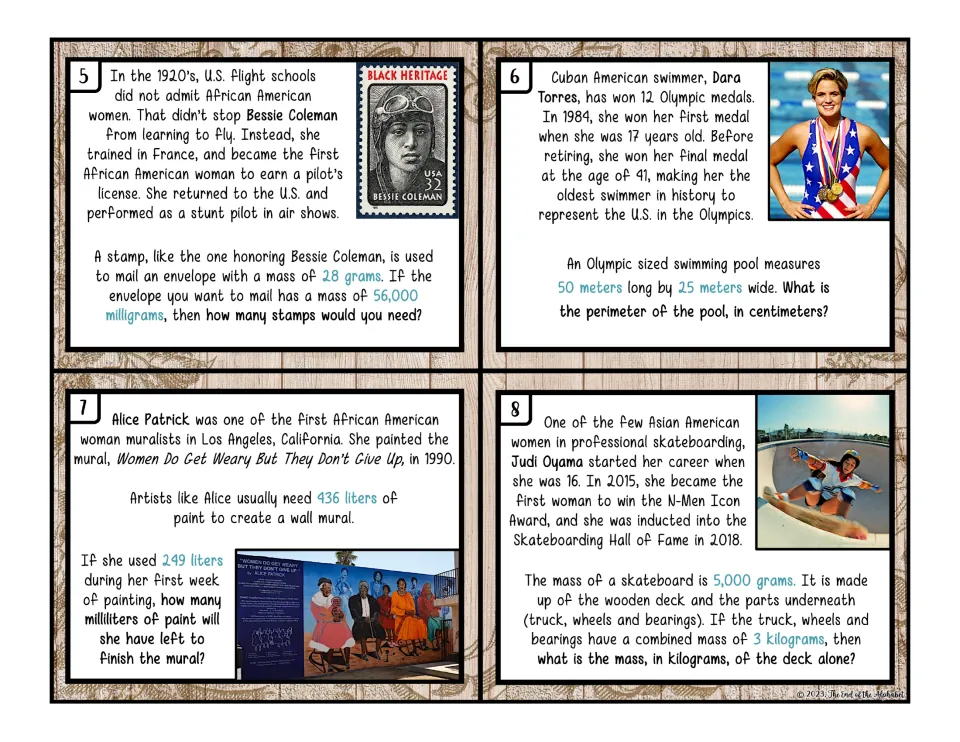Color measurement cards 5–8: postage mass, pool perimeter, mural paint volume, and skateboard mass