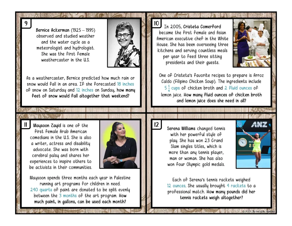 Color measurement cards 9–12: snowfall depth, soup ingredients, donated paint, and tennis racket weight