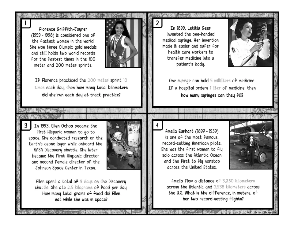 Black-and-white measurement cards 1–4: sprint distance, syringe capacity, space food, and flight distances