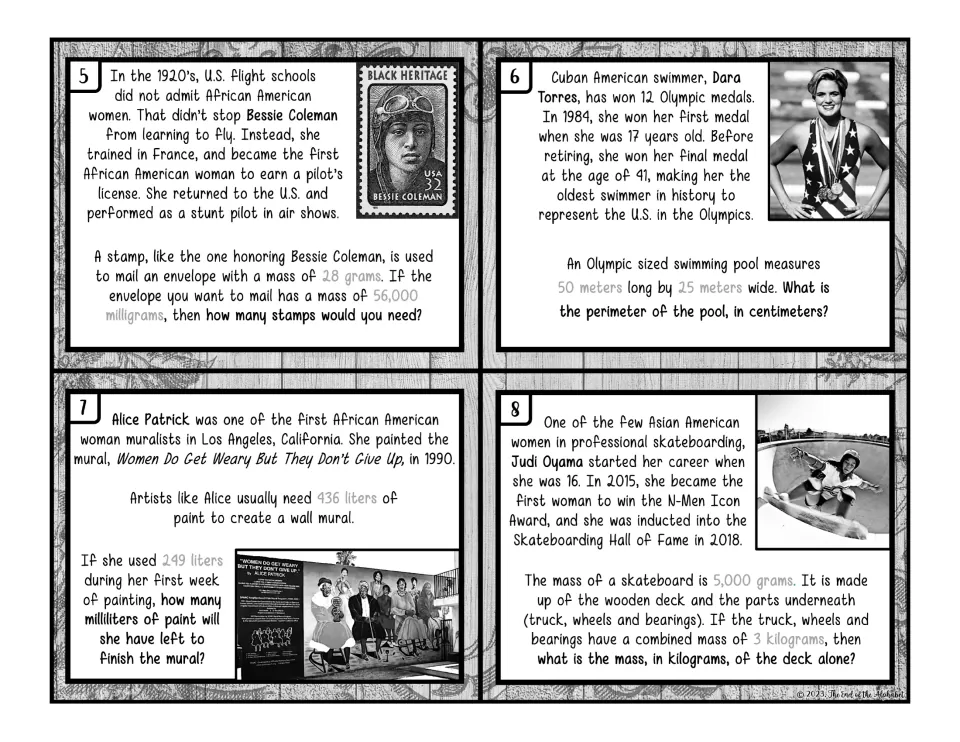 Black-and-white measurement cards 5–8: postage mass, pool perimeter, mural paint, and skateboard mass