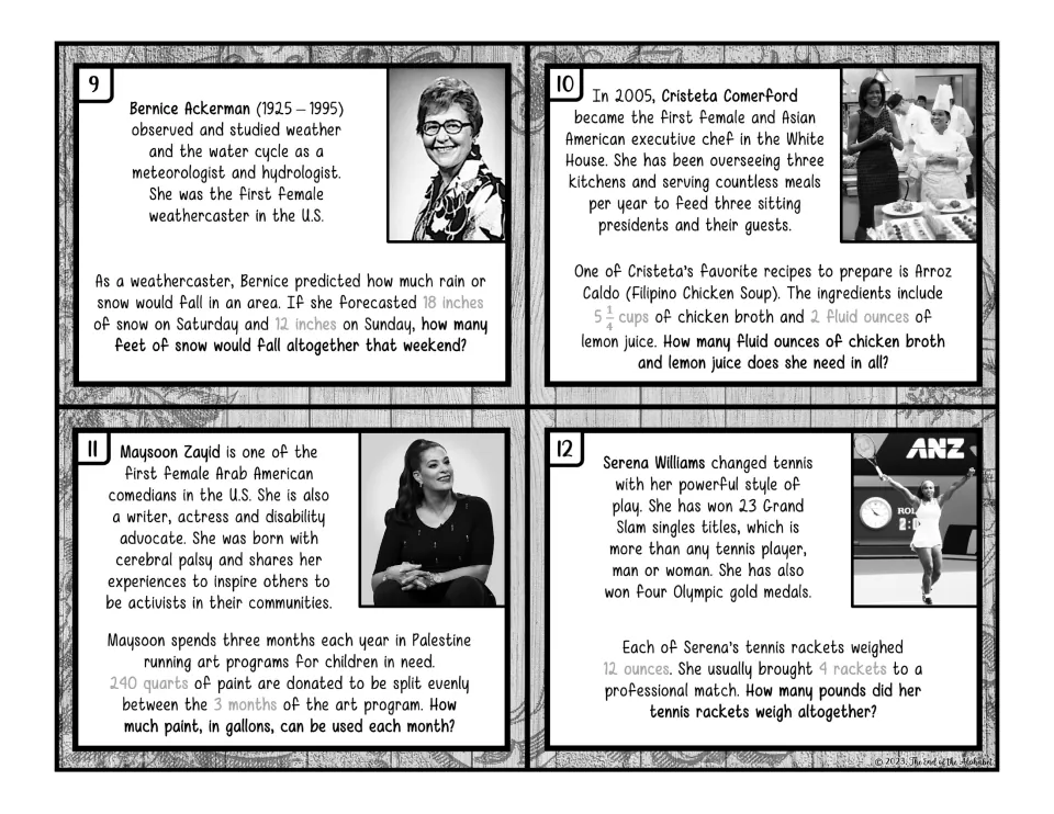 Black-and-white measurement cards 9–12: snowfall, soup ingredients, paint volume, and tennis racket weight