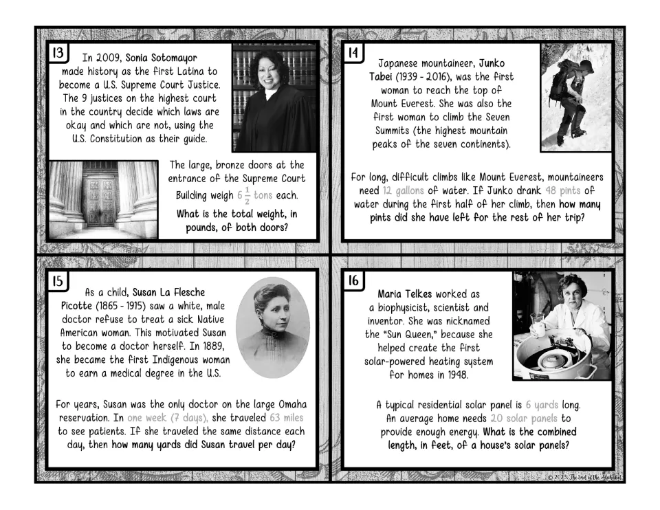 Black-and-white measurement cards 13–16: door weight, climbing water, travel distance, and panel length