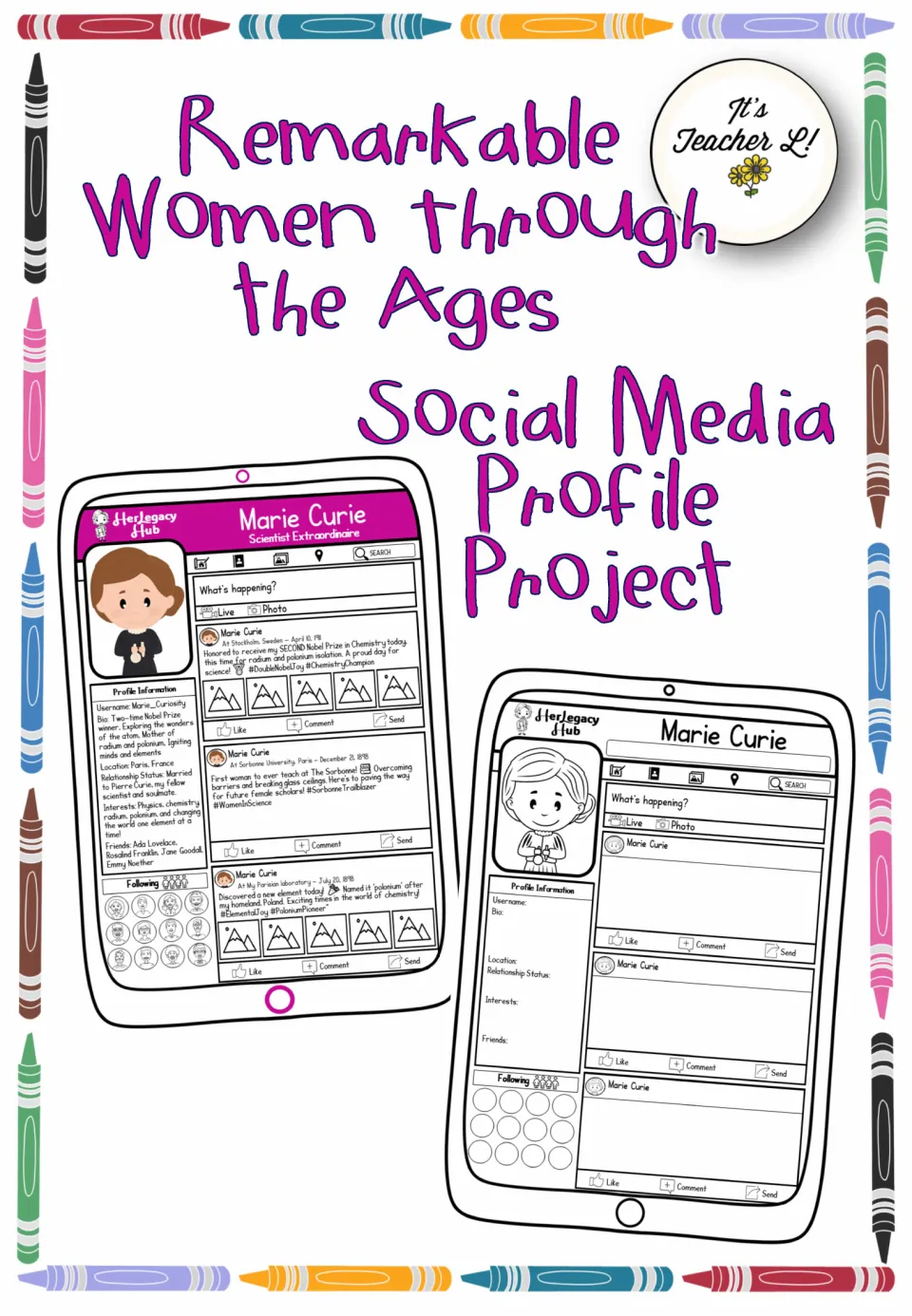 Social media profile project cover: Remarkable Women through the Ages, showing two Marie Curie profiles