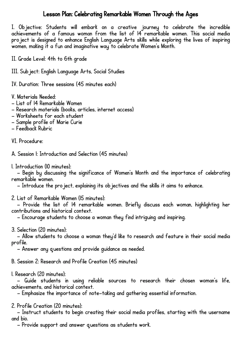 Lesson plan opening: grades 4–6, materials, choosing a remarkable woman, research, and profile creation