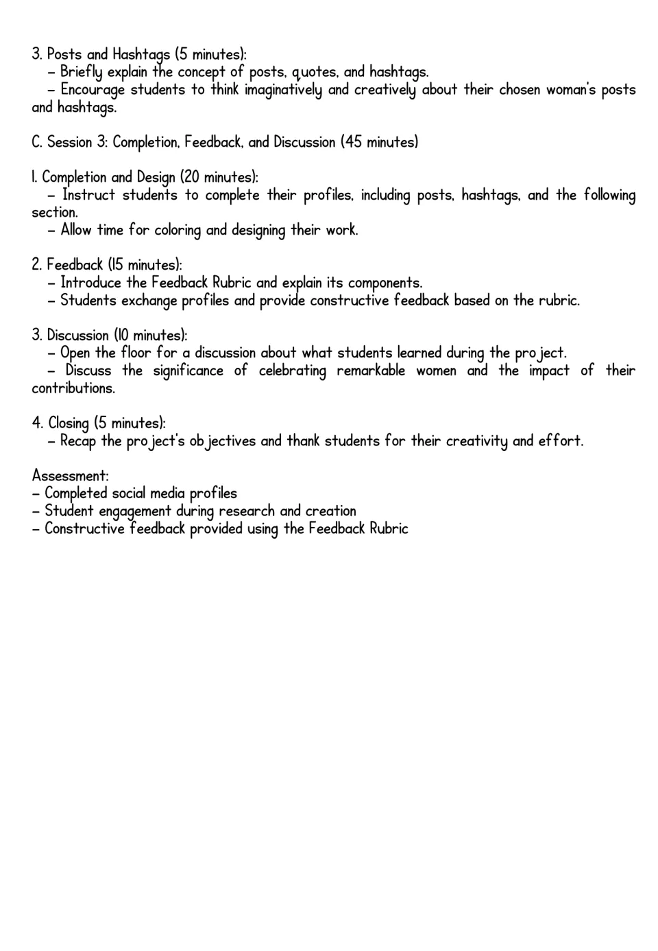 Lesson plan continuation: posts and hashtags, profile completion, peer feedback, discussion, and assessment