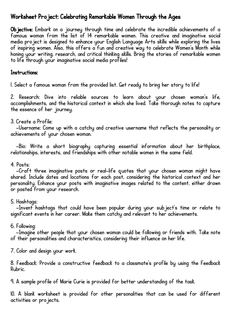 Student project instructions: research a woman, create a bio and three posts, add hashtags, and give feedback