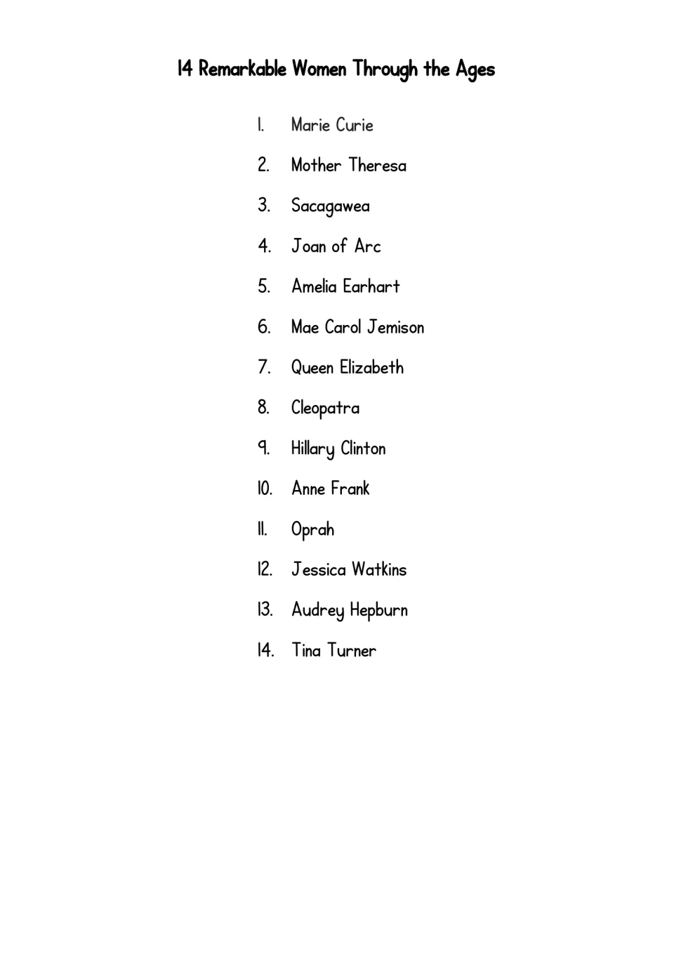 Research choice list of 14 women: Marie Curie, Mother Theresa, Sacagawea, Joan of Arc, and 10 more