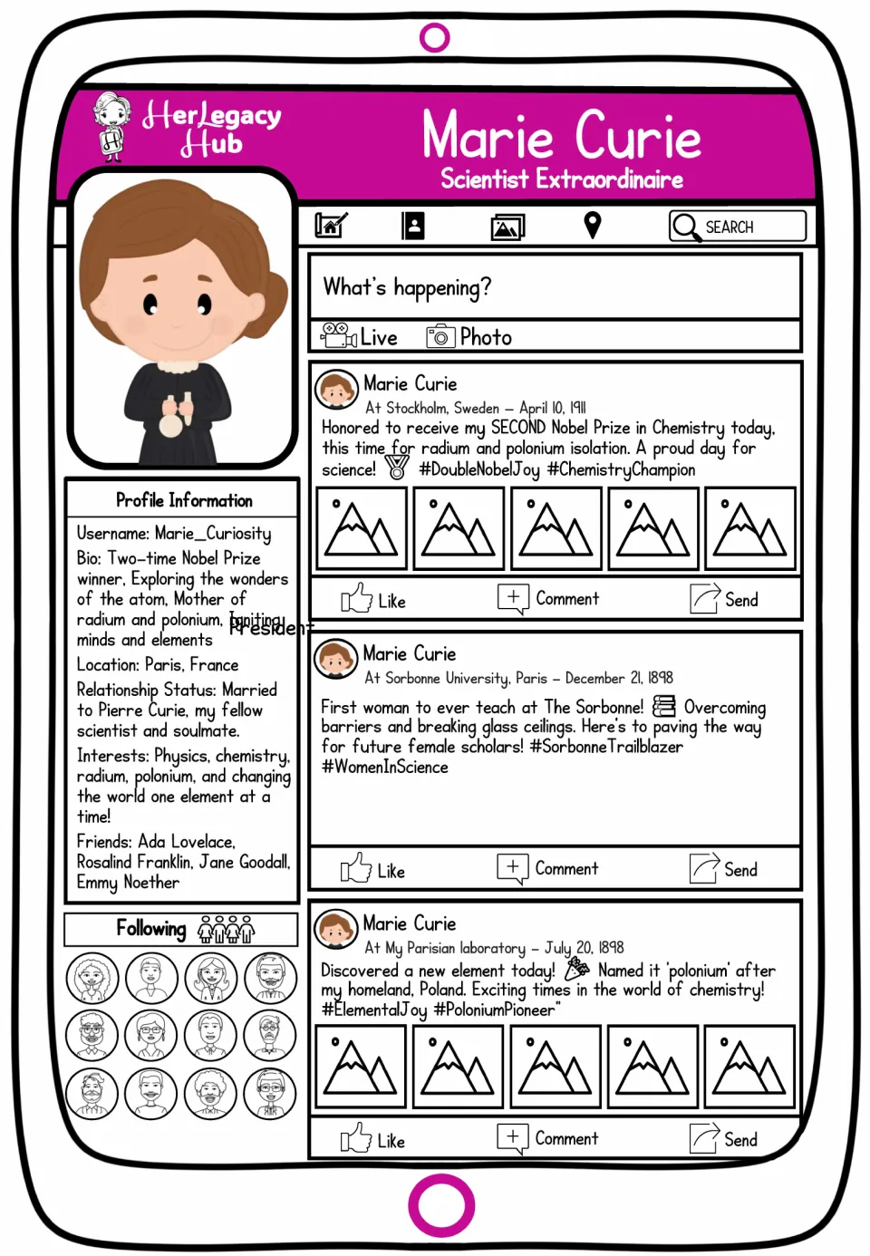 Completed Marie Curie sample profile with a bio and posts about a Nobel Prize, the Sorbonne, and polonium