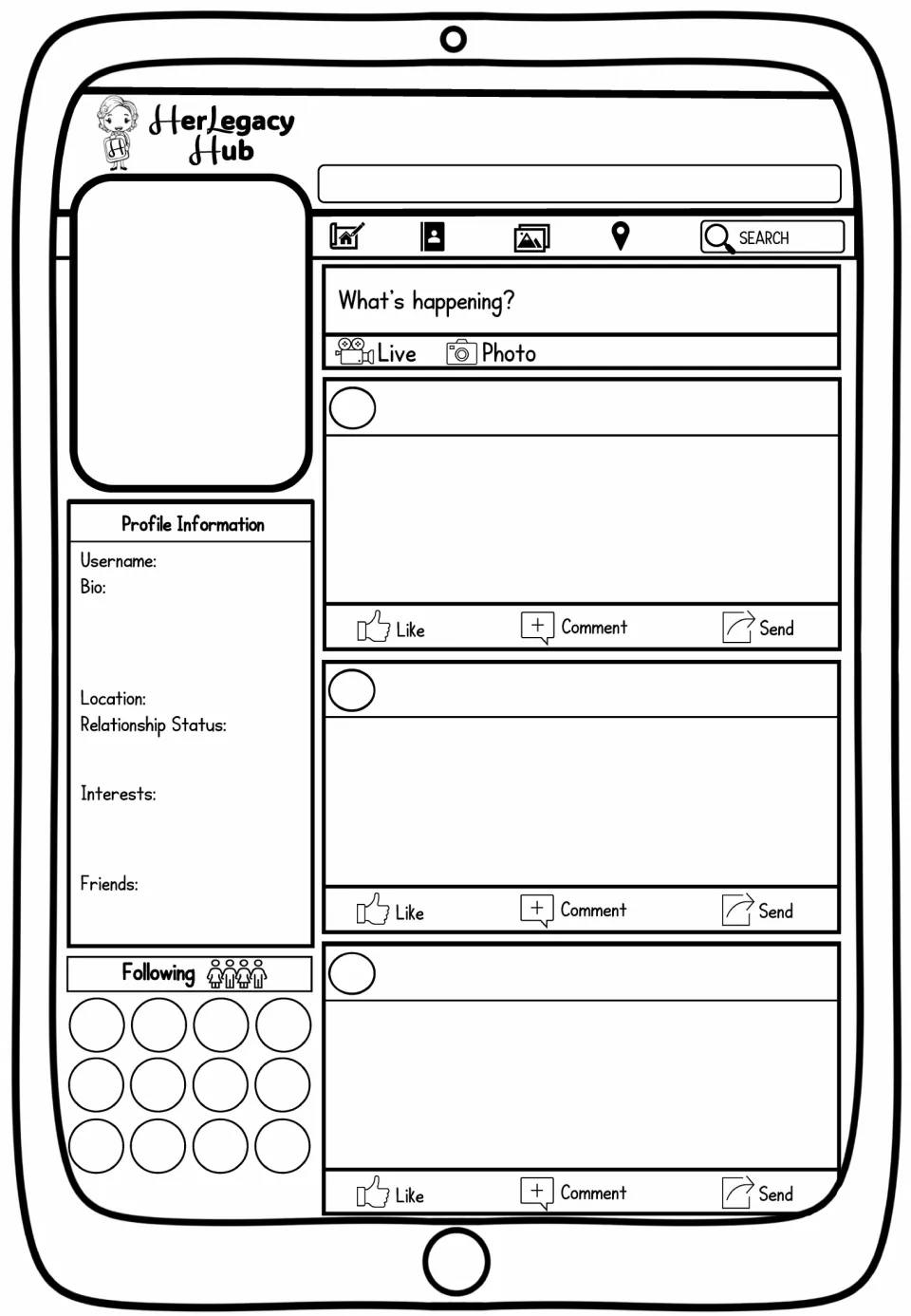 Blank social media profile template for another subject, with bio prompts, three posts, and a following section