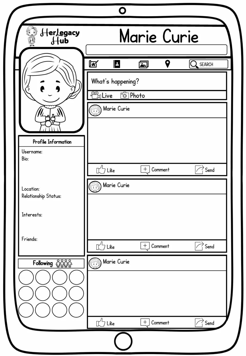 Marie Curie profile worksheet with her portrait, biography prompts, three posts to complete, and following
