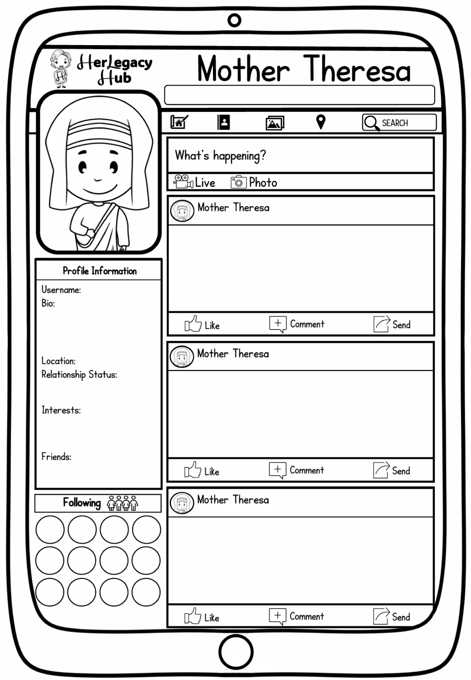 Mother Theresa profile worksheet with her portrait, biography prompts, three posts to complete, and following