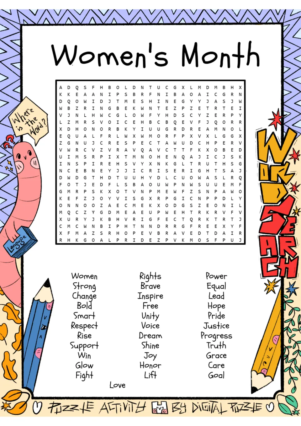 Women's Month word search: students find 34 hidden words such as Rights, Brave, Equal, Justice and Inspire in the grid