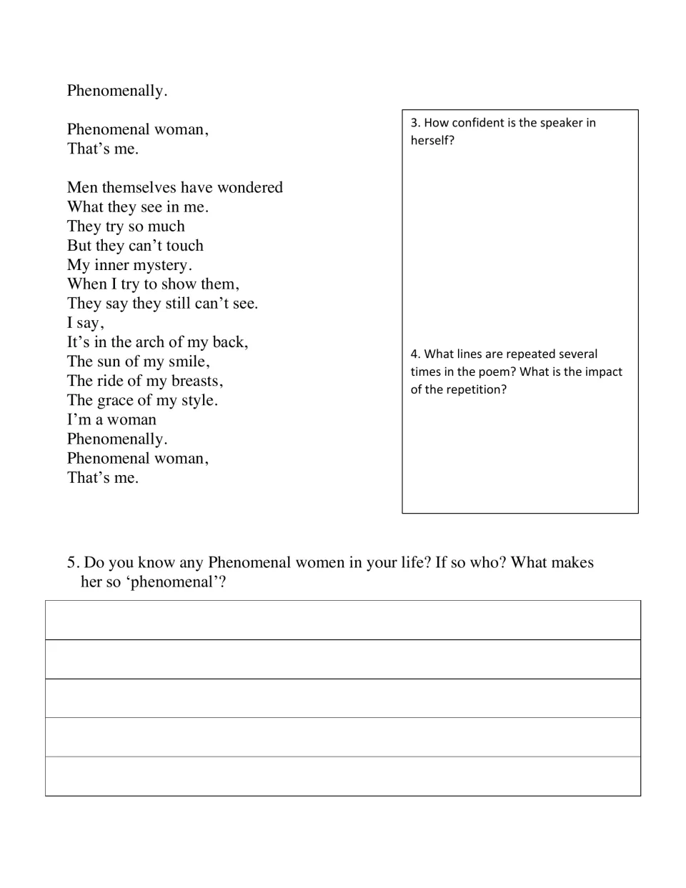 Phenomenal Woman, stanza 3: students judge the speaker's confidence, find repeated lines and name a phenomenal woman
