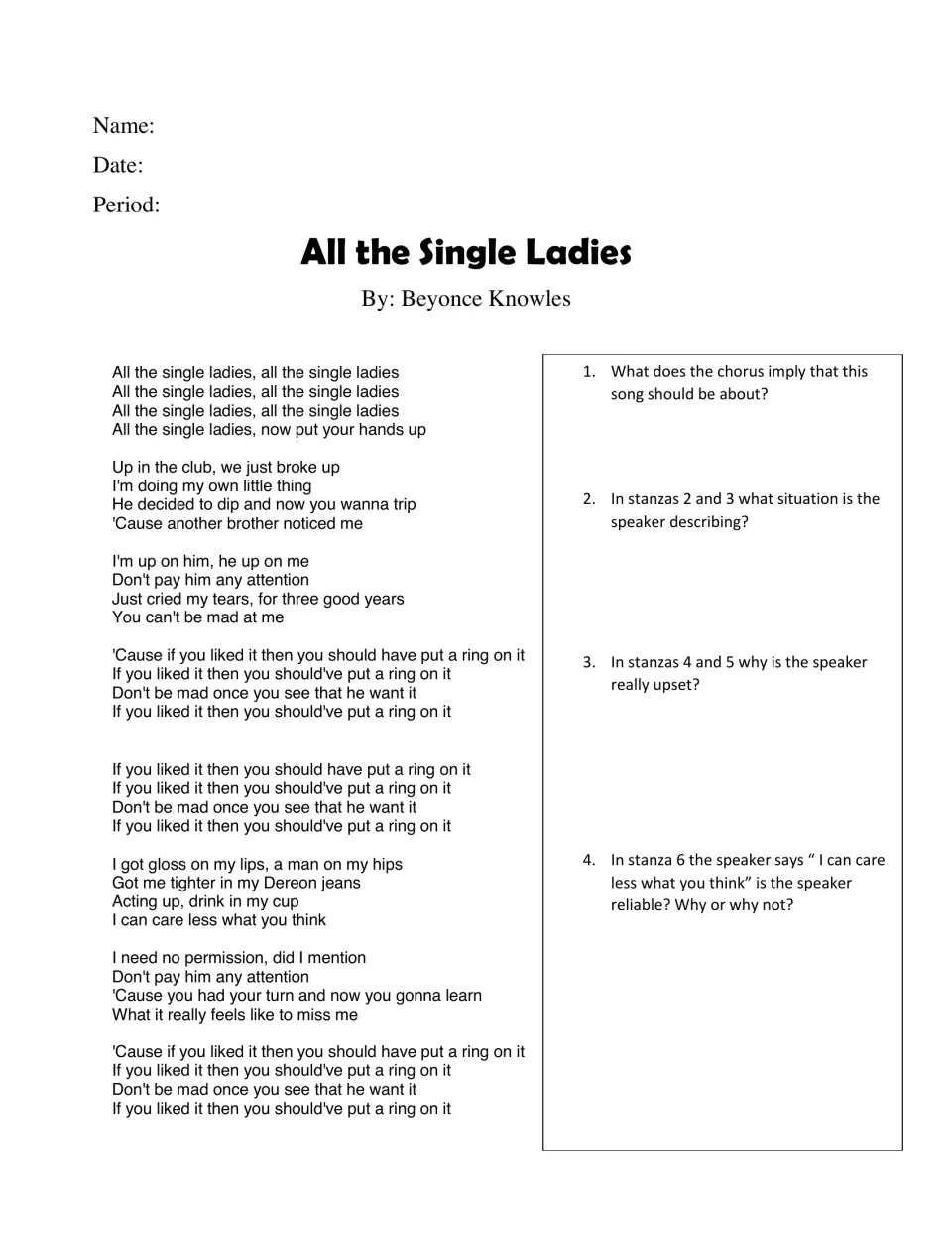 All the Single Ladies by Beyonce Knowles: students analyze the chorus, stanza situations and the speaker's reliability