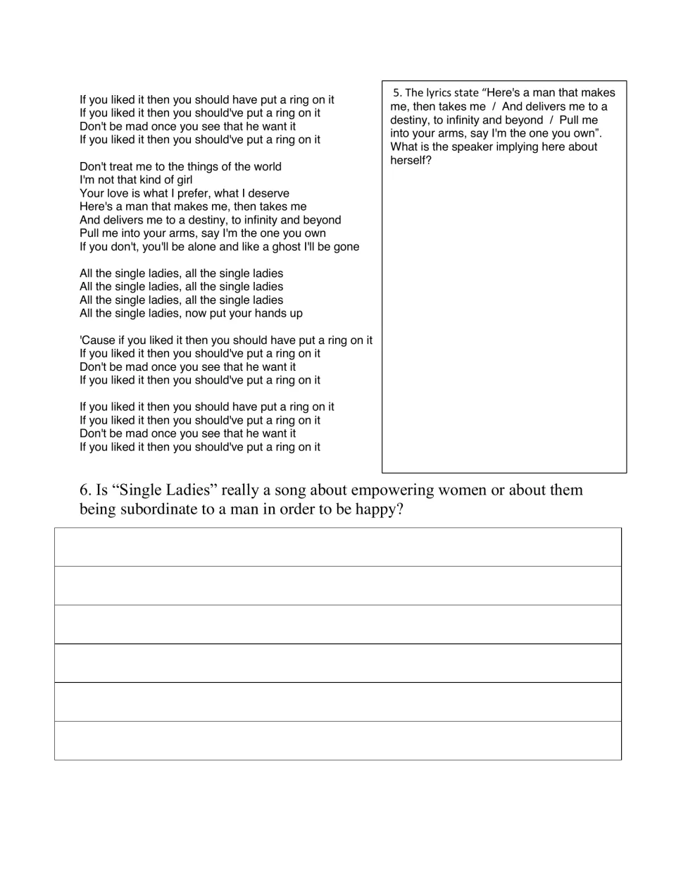 Single Ladies ending: students interpret a quoted lyric and argue if the song empowers women or makes them subordinate
