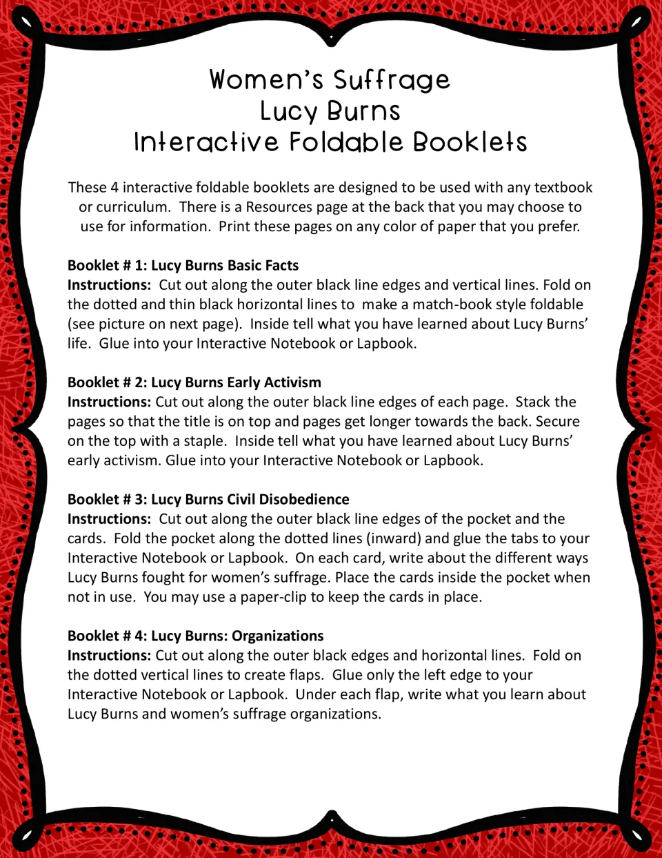 Instructions for assembling four Lucy Burns booklets on basic facts, early activism, civil disobedience, and groups