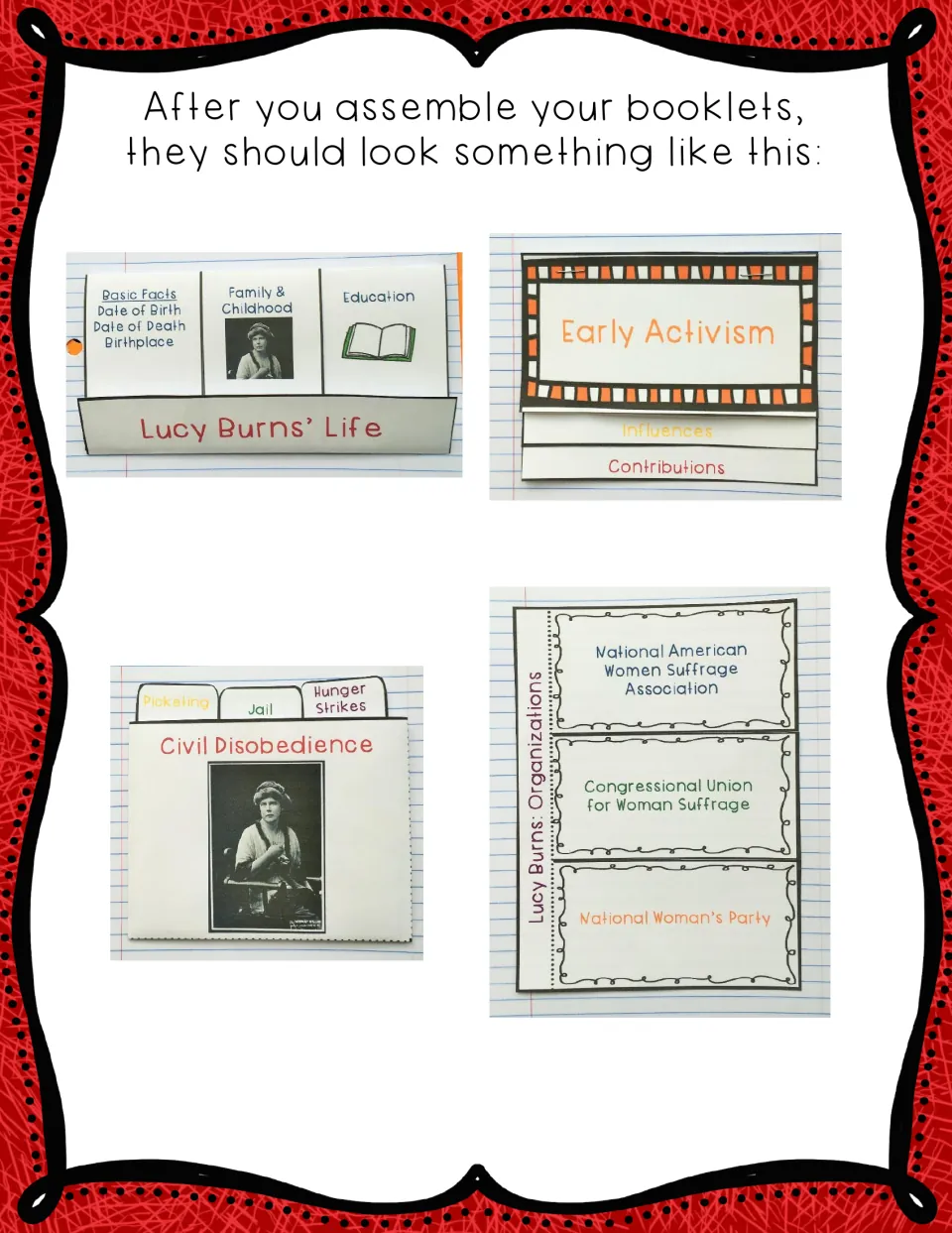 Completed examples of all four Lucy Burns booklets show the life flaps, activism pages, card pocket, and group flaps