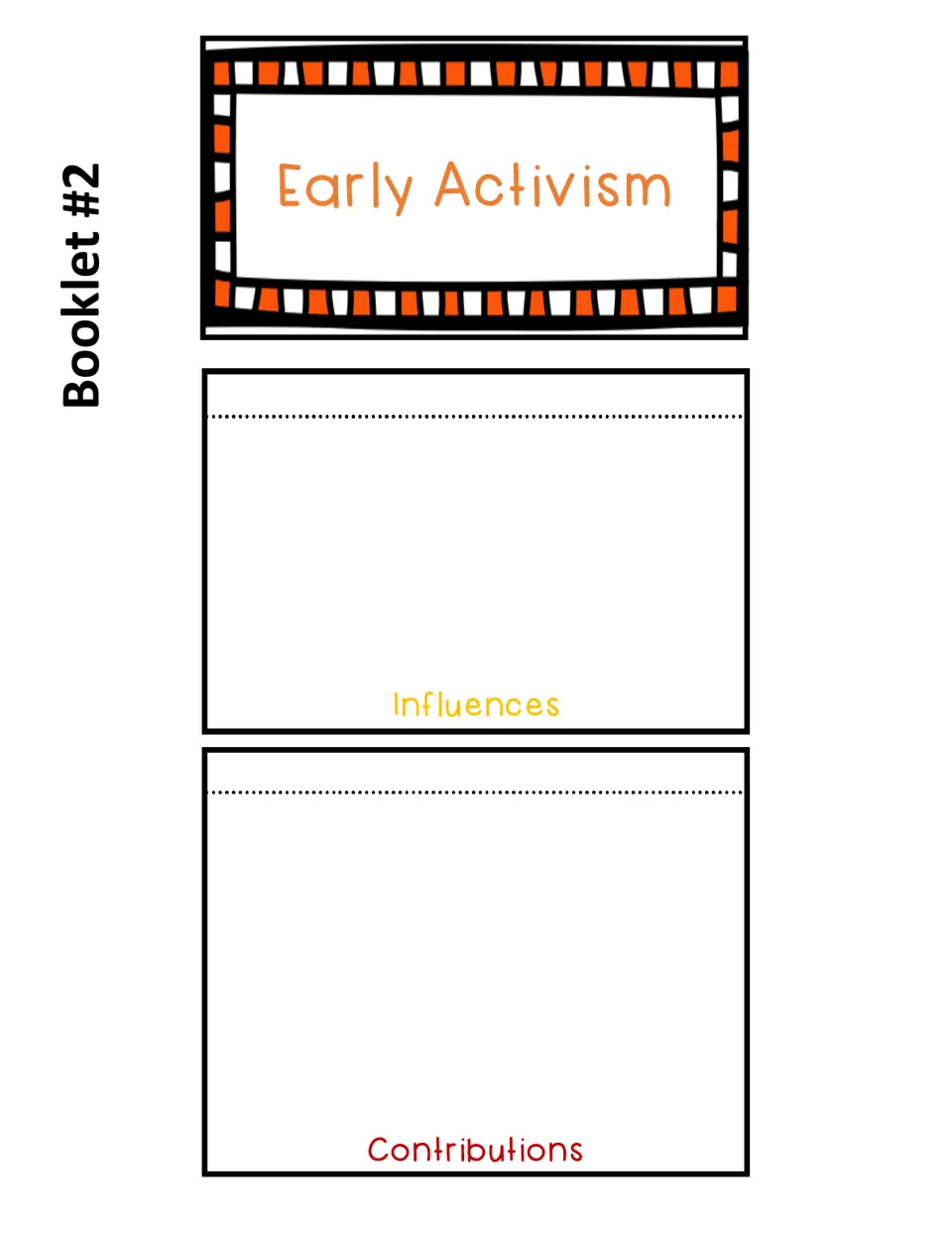 Booklet 2 templates include an Early Activism cover and two blank writing pages labeled Influences and Contributions
