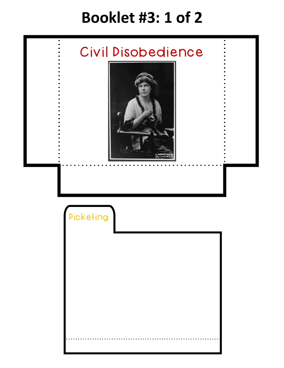 Booklet 3 templates include a Civil Disobedience pocket featuring Lucy Burns' portrait and a blank Picketing card