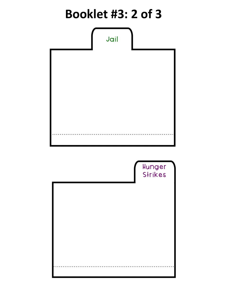 Booklet 3 continues with two blank research cards labeled Jail and Hunger Strikes for the civil disobedience pocket