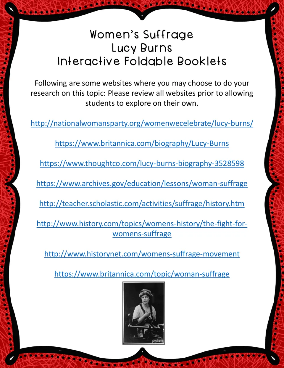 Research resource page lists eight website links about Lucy Burns and women's suffrage for completing the booklets