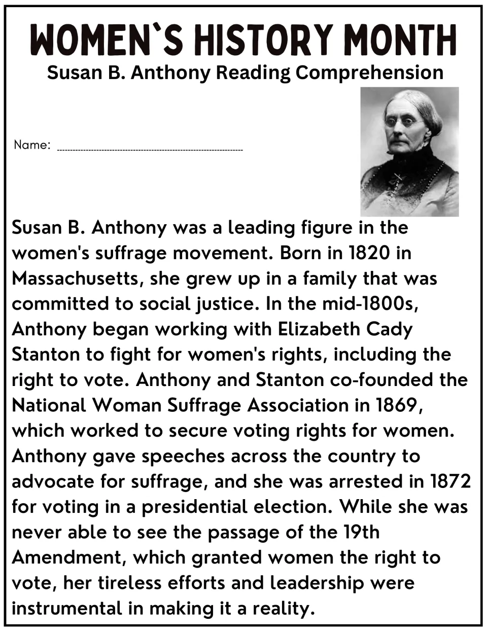 Reading passage on Susan B. Anthony's life, women's voting rights, her 1872 arrest, and the 19th Amendment.