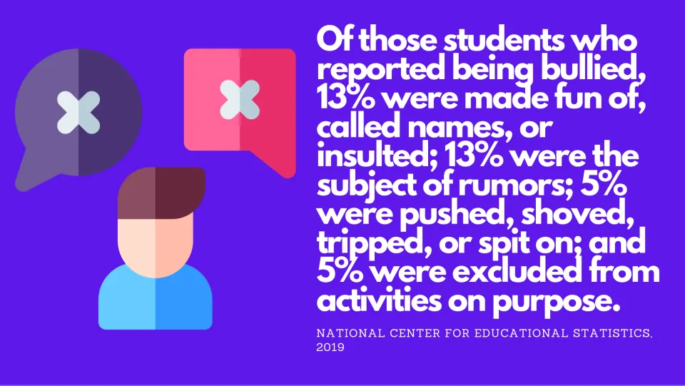 Types of bullying: 13% name-calling or insults, 13% rumors, 5% pushed, tripped or spit on, and 5% excluded from activities