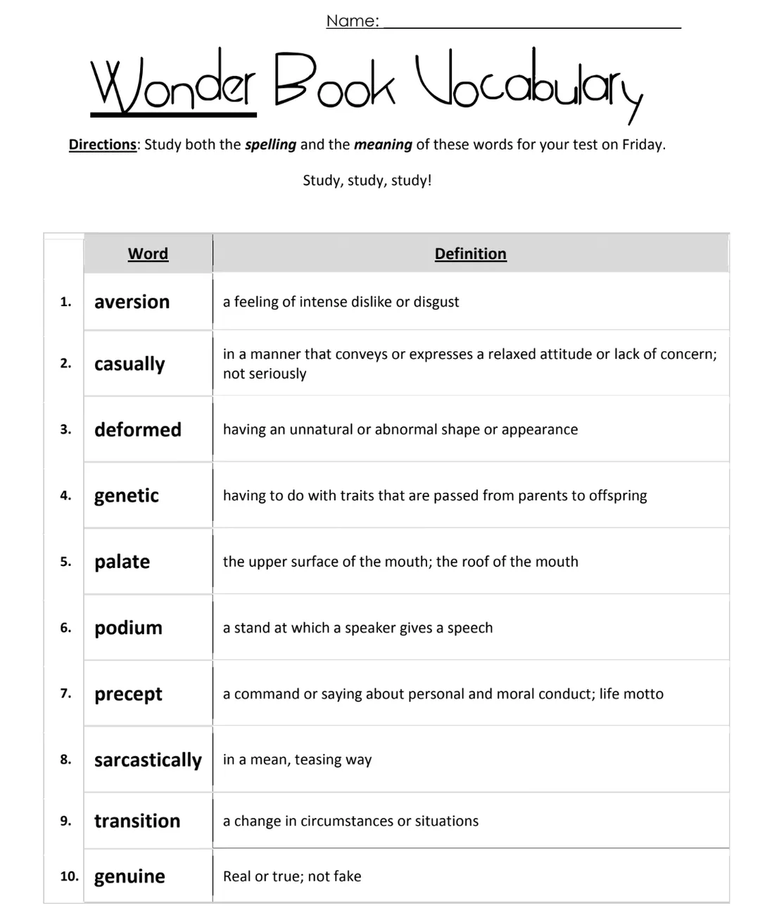 Wonder by R.J. Palacio Vocabulary Study – cover