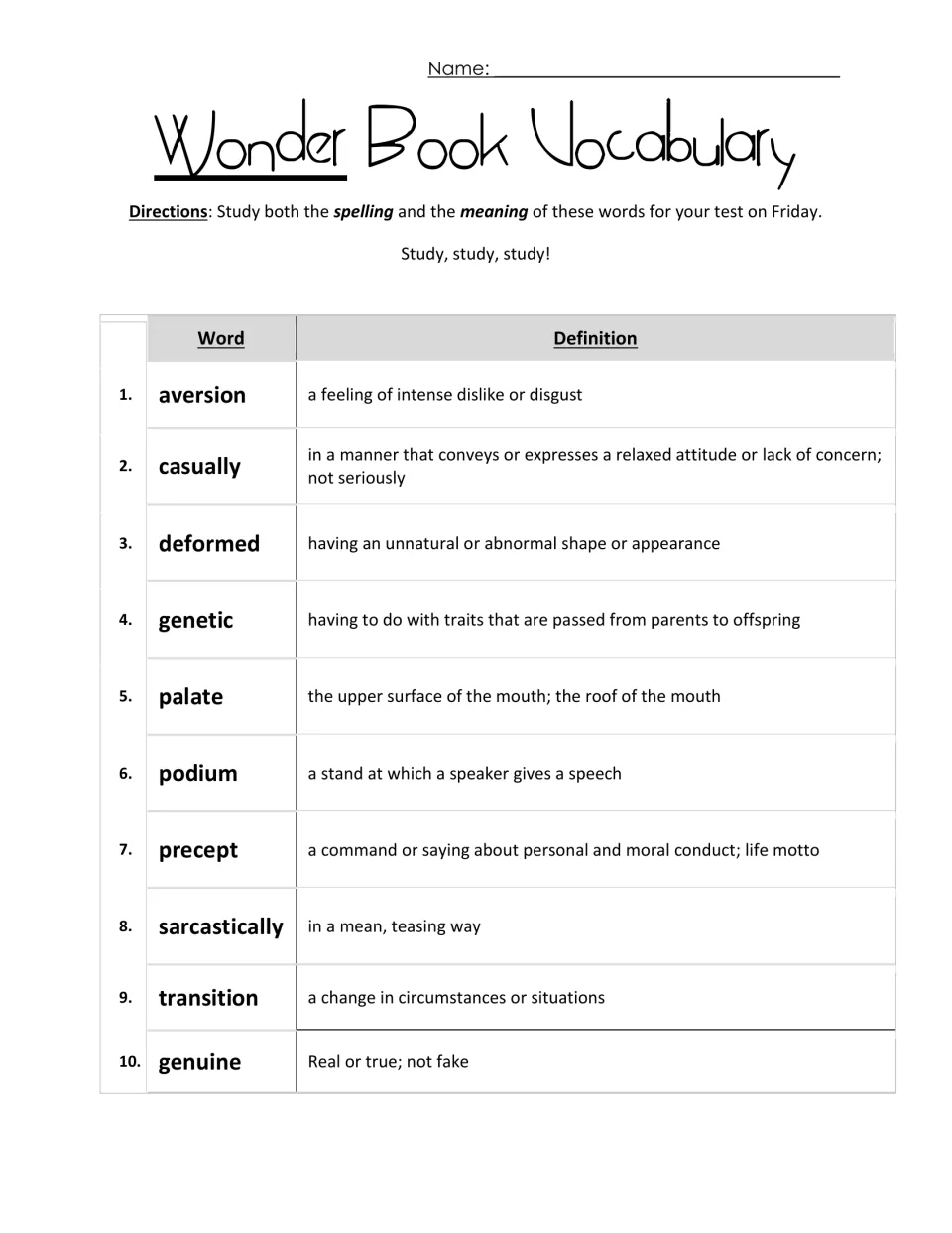 Wonder Book Vocabulary study list: students learn spelling and meaning of 10 words such as aversion, palate and precept
